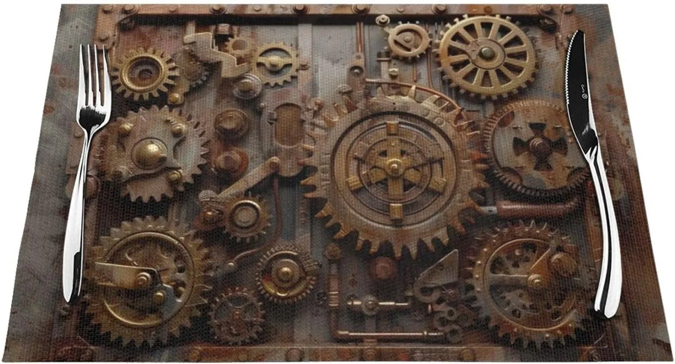 Placemats Set of 6 Washable&Wipeable Placemats,Cool Steampunk Gears, for Dining Table Kitchen Indoor Outdoor Table Mats Heat Resistant Non Slip PVC Table Placemats