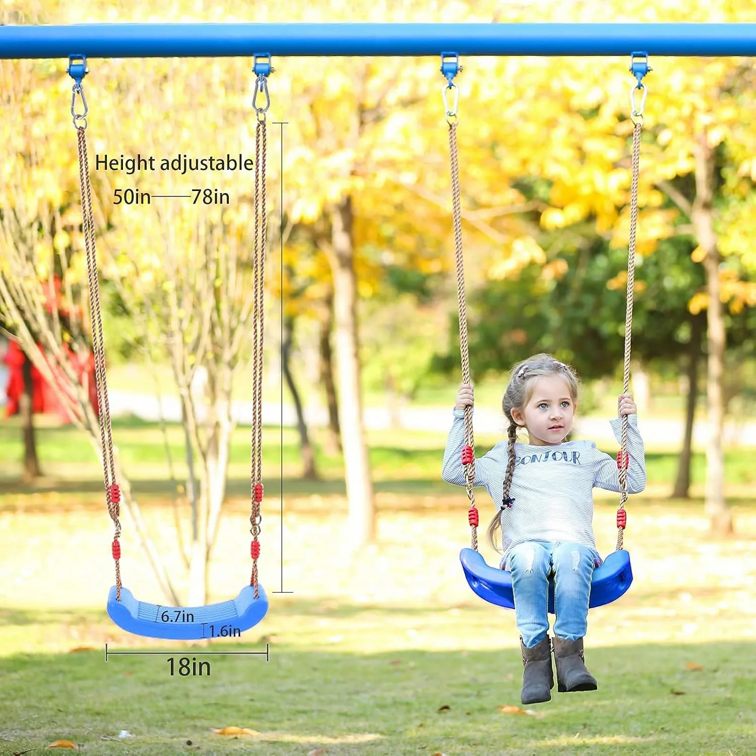 Plastic Swing Seat,Kids Swing Seat with 6.6ft Adjustable Rope and 2 Carabiners,Blue Swings Pro with Non Slip Tape for Backyard Playground Indoor Outdoor