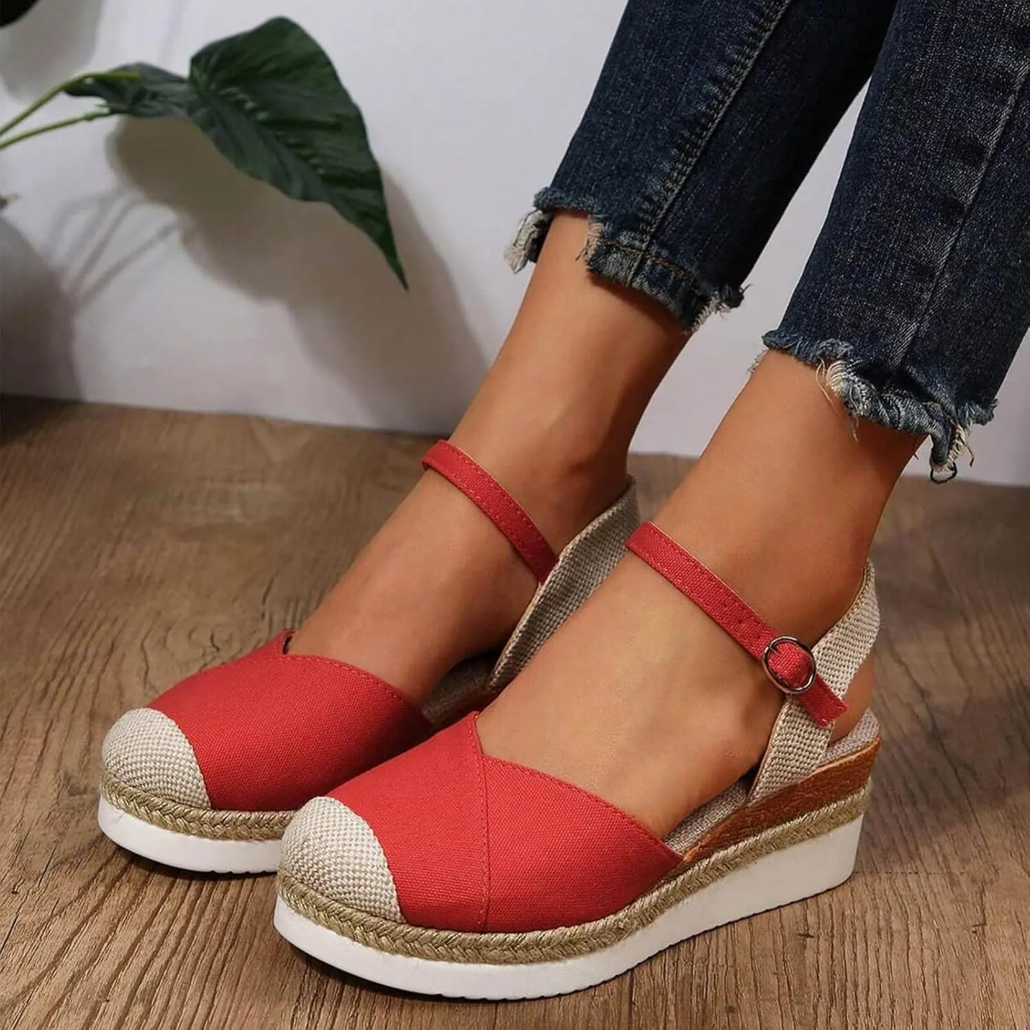 Platform Wedge Sandals for Women Summer Dressy Color Block Ankle Strap Closed Toe Espadrille Wedge Sandals Casual Beach Shoes