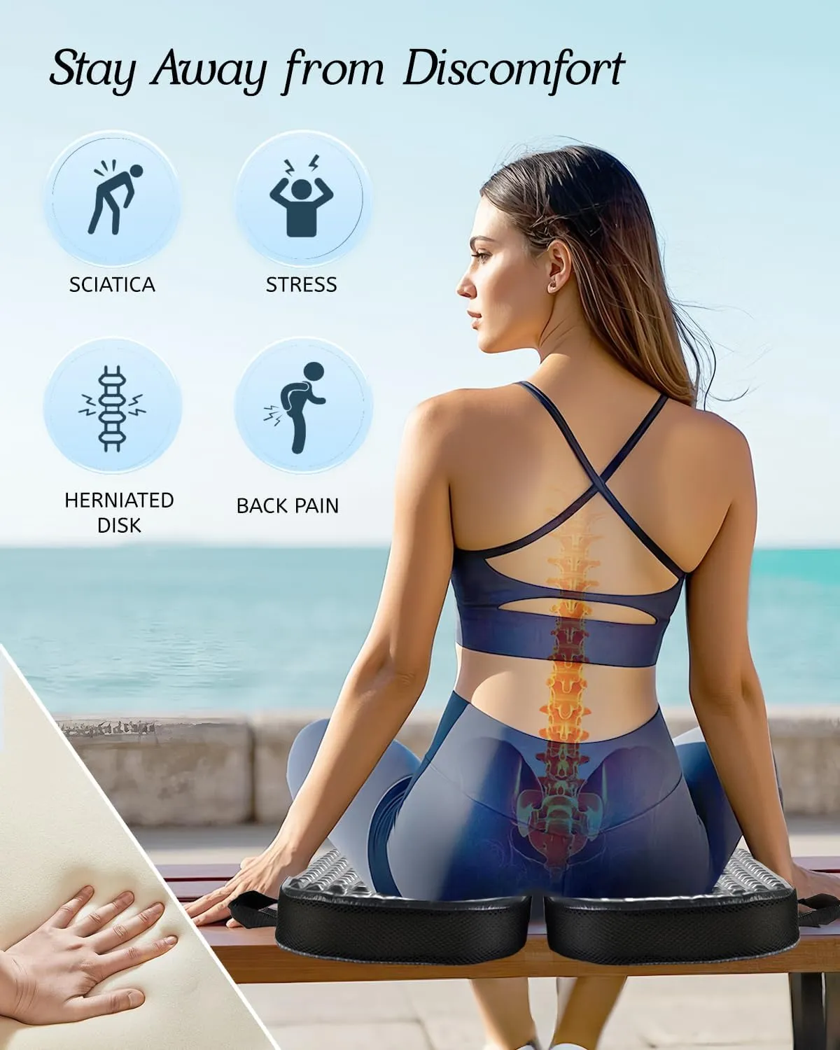 Portable Memory Foam Seat Cushion for Travel, Airplane Cooling Chair Pads for Long Flights, Tailbone, Sciatica Pain Relief, Folding Waterproof Seat Cushion for Car, Camping