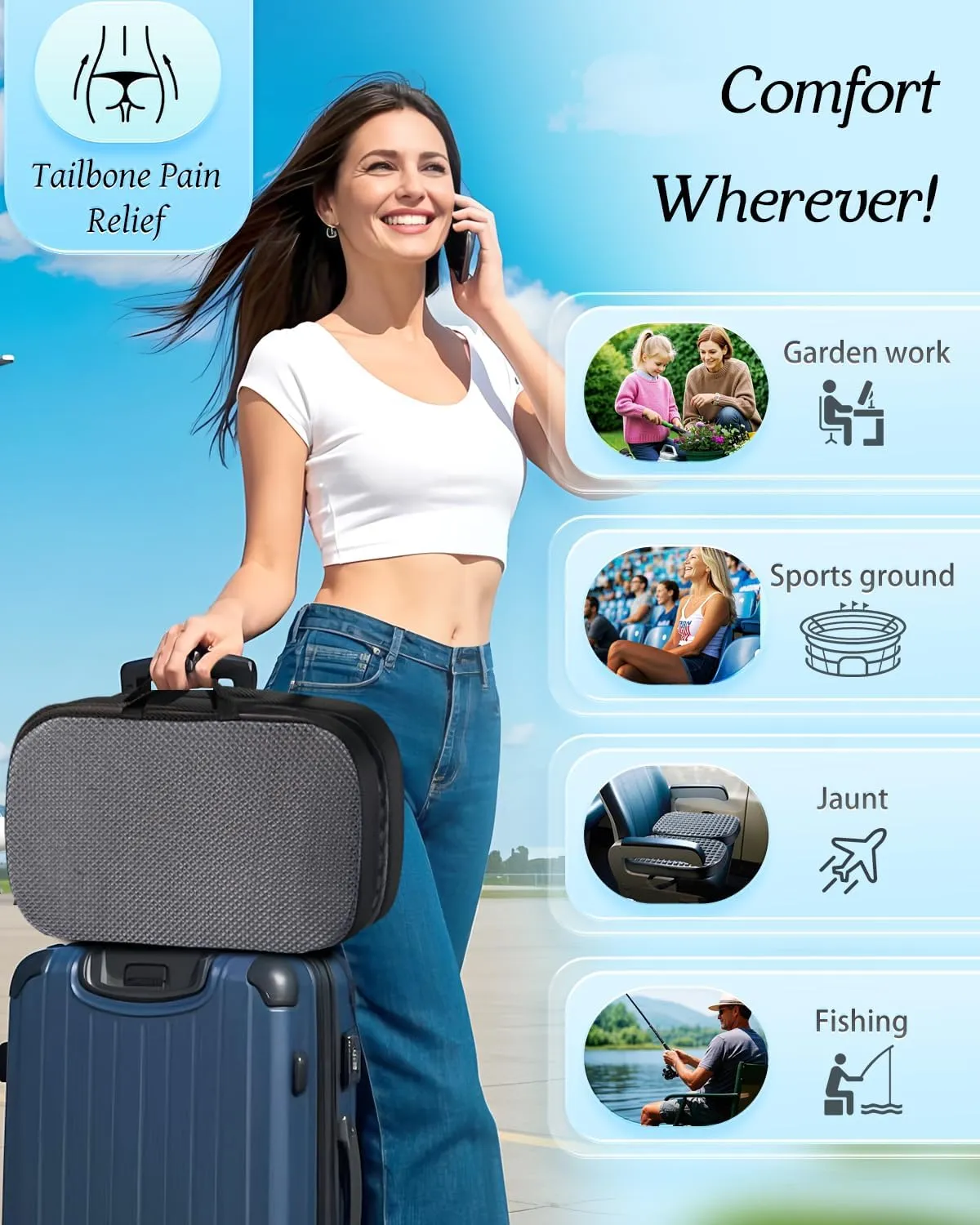 Portable Memory Foam Seat Cushion for Travel, Airplane Cooling Chair Pads for Long Flights, Tailbone, Sciatica Pain Relief, Folding Waterproof Seat Cushion for Car, Camping