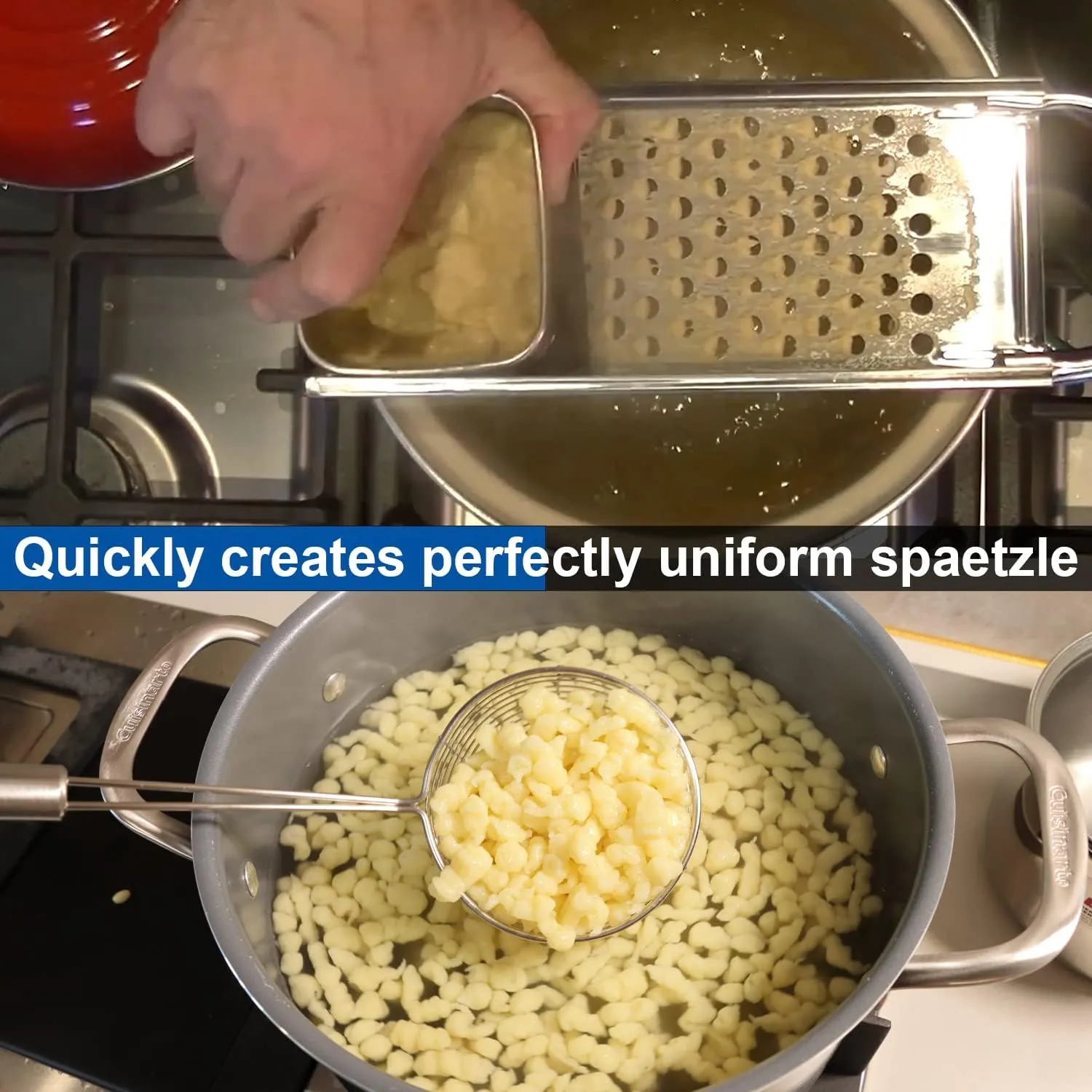 Premium Grade Stainless Steel Spaetzle Maker with Comfort Grip Handle, Stainless Steel Spider Strainer Skimmer Spoon Pasta Strainer, Homemade German Egg Noodle Dumpling Making Tool Set