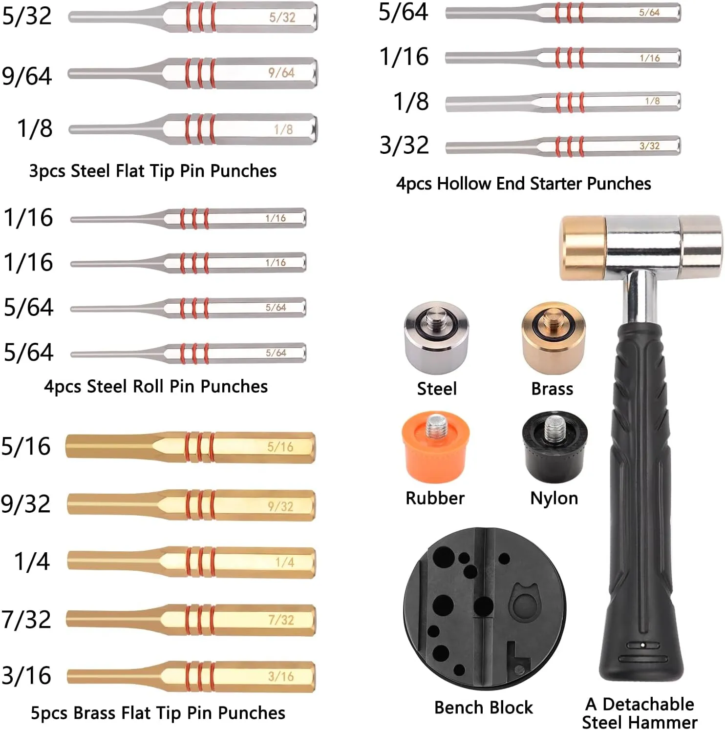 Pridefend Punch Set,Brass Punch Set and Roll Pin Punch Set Made of Solid Material Including Steel Pin Punch Set and Bench Block, Hammer with Detachable Heads,Punch Set with Portable Storage Case