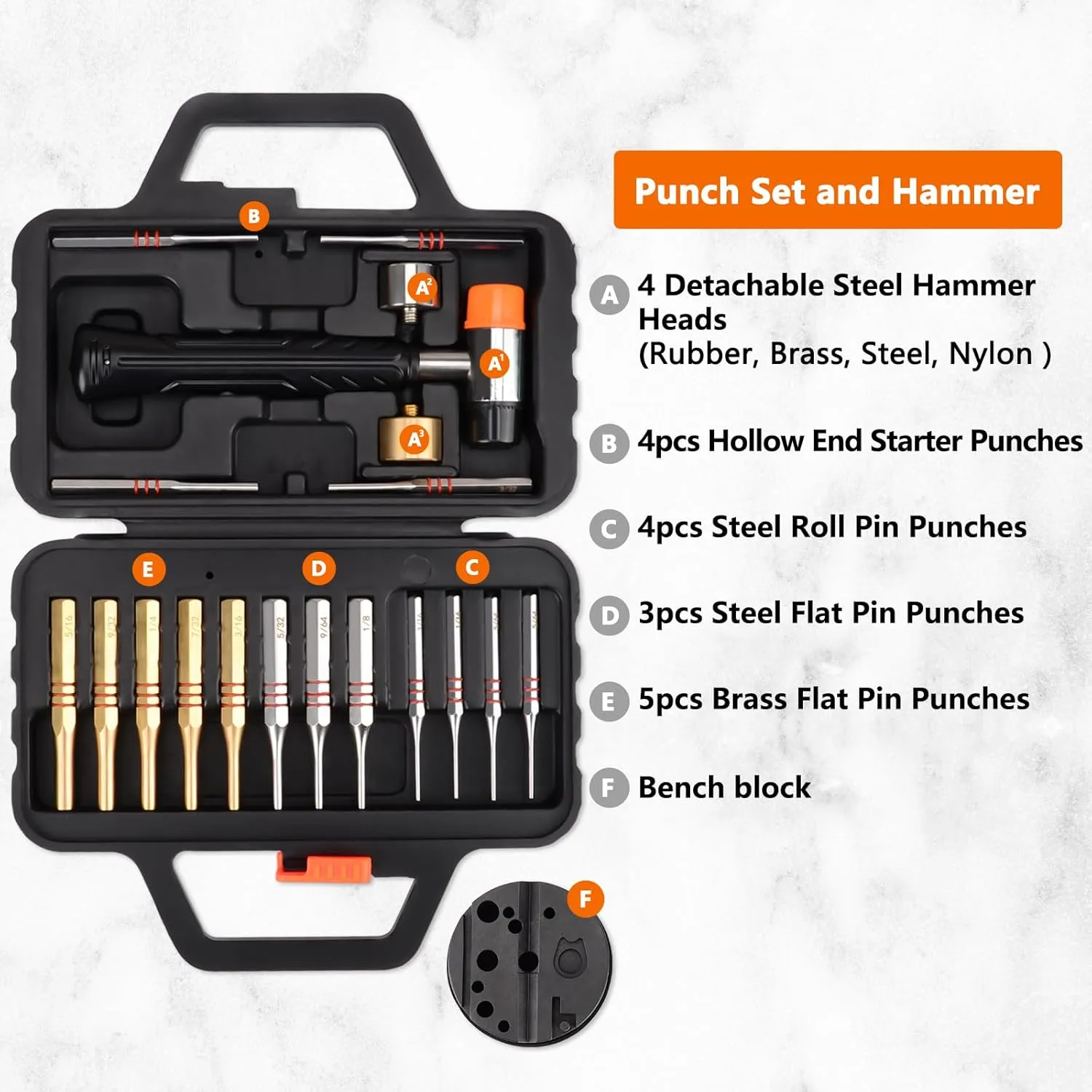 Pridefend Punch Set,Brass Punch Set and Roll Pin Punch Set Made of Solid Material Including Steel Pin Punch Set and Bench Block, Hammer with Detachable Heads,Punch Set with Portable Storage Case