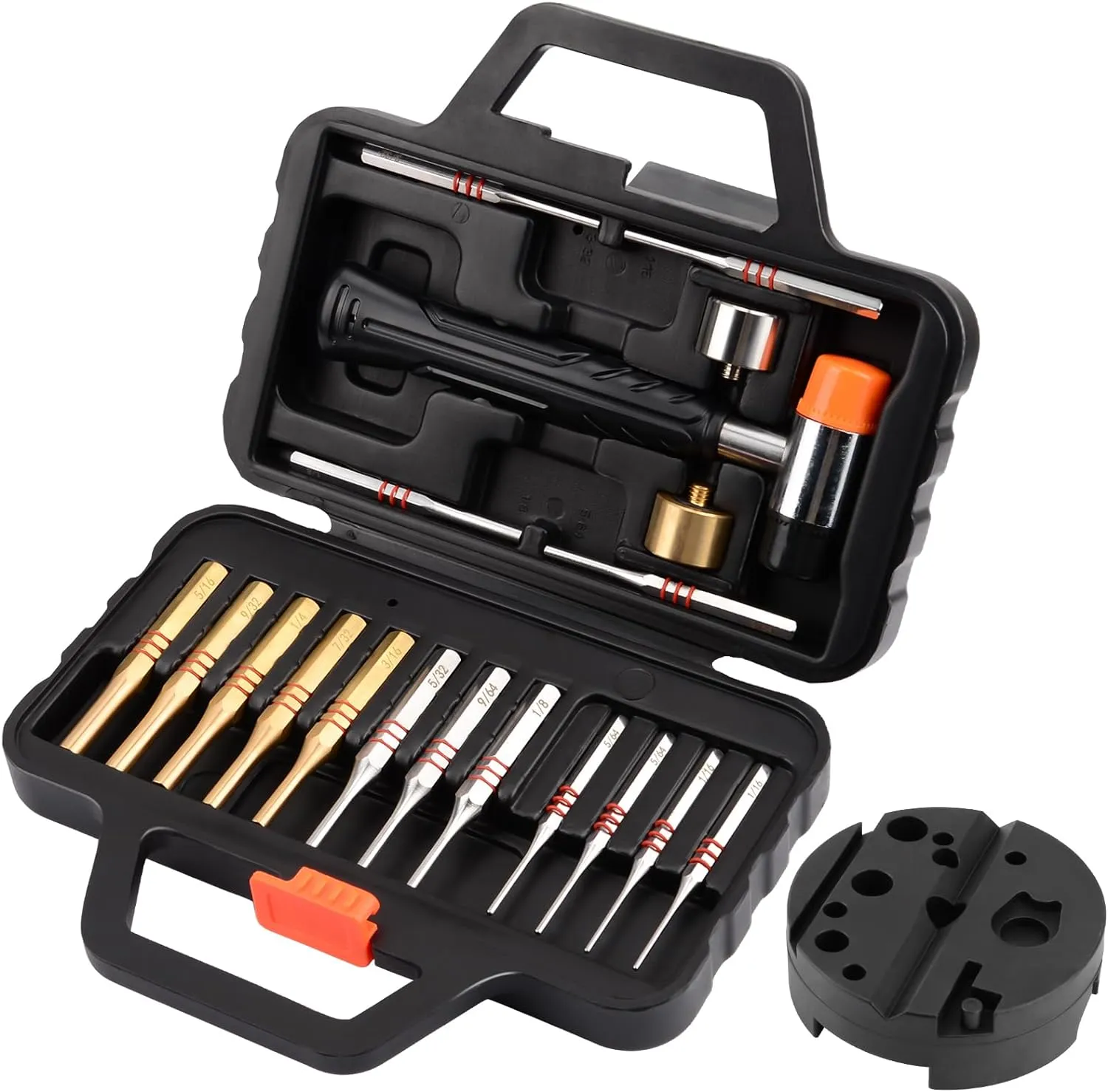 Pridefend Punch Set,Brass Punch Set and Roll Pin Punch Set Made of Solid Material Including Steel Pin Punch Set and Bench Block, Hammer with Detachable Heads,Punch Set with Portable Storage Case