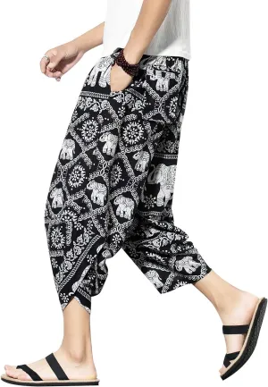PRIJOUHE Men's Harem Capri Pants, Wide Leg Mens Capris, Summer Linen Pants