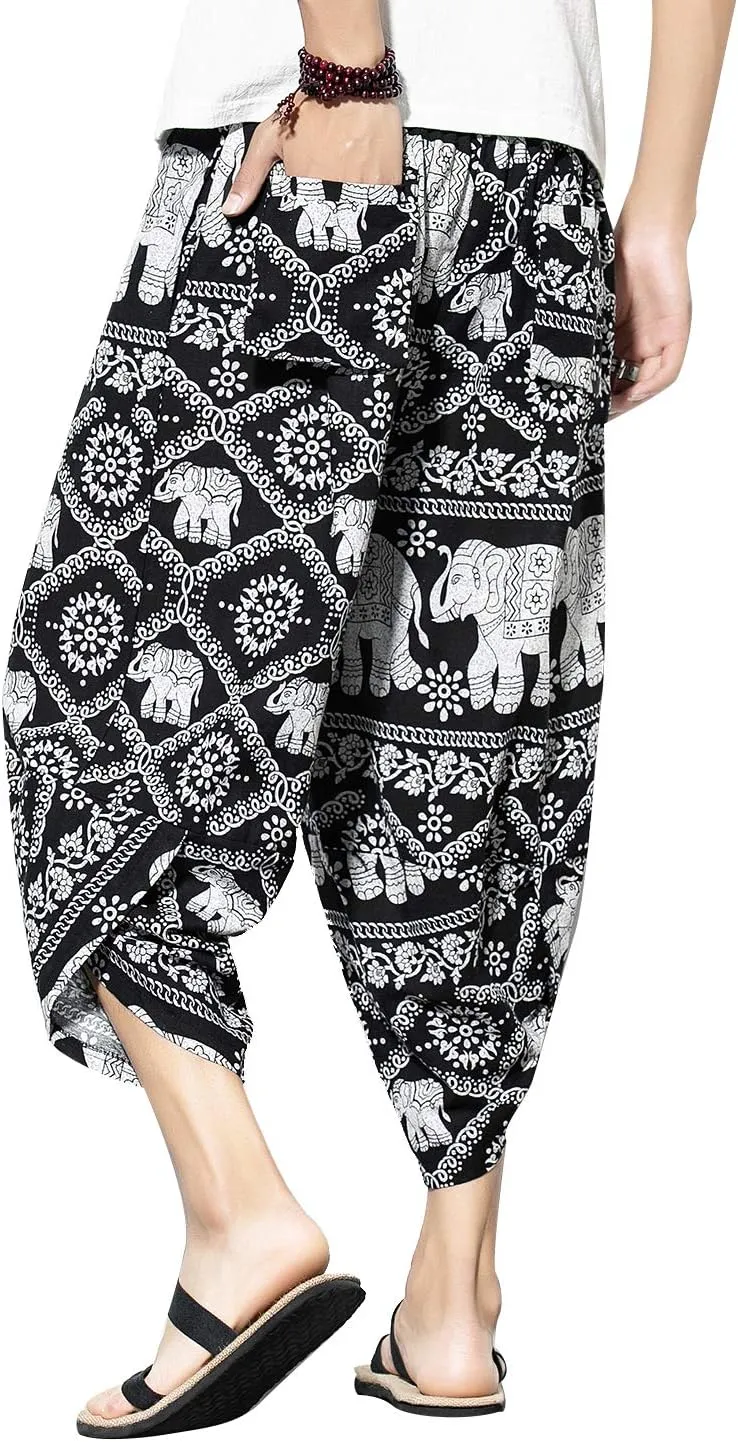PRIJOUHE Men's Harem Capri Pants, Wide Leg Mens Capris, Summer Linen Pants