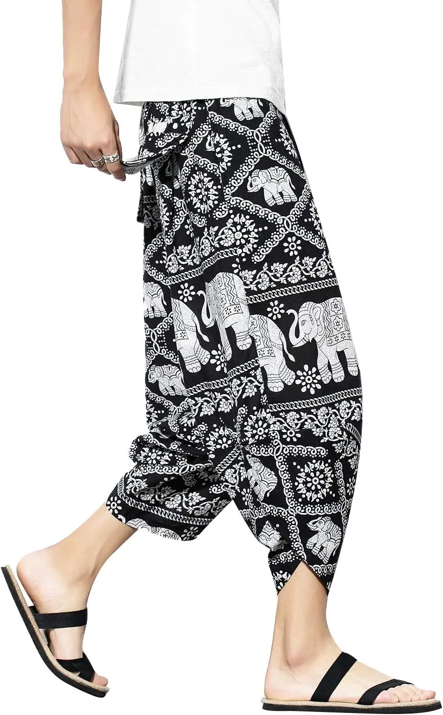 PRIJOUHE Men's Harem Capri Pants, Wide Leg Mens Capris, Summer Linen Pants