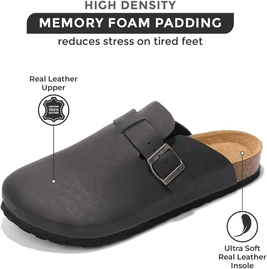 Project Cloud Mens Clogs - Full Grain Genuine Leather Memory Foam Clogs for Men Arch Support Cork Footbed - Non Slip Platform Mules (Brooklyn)