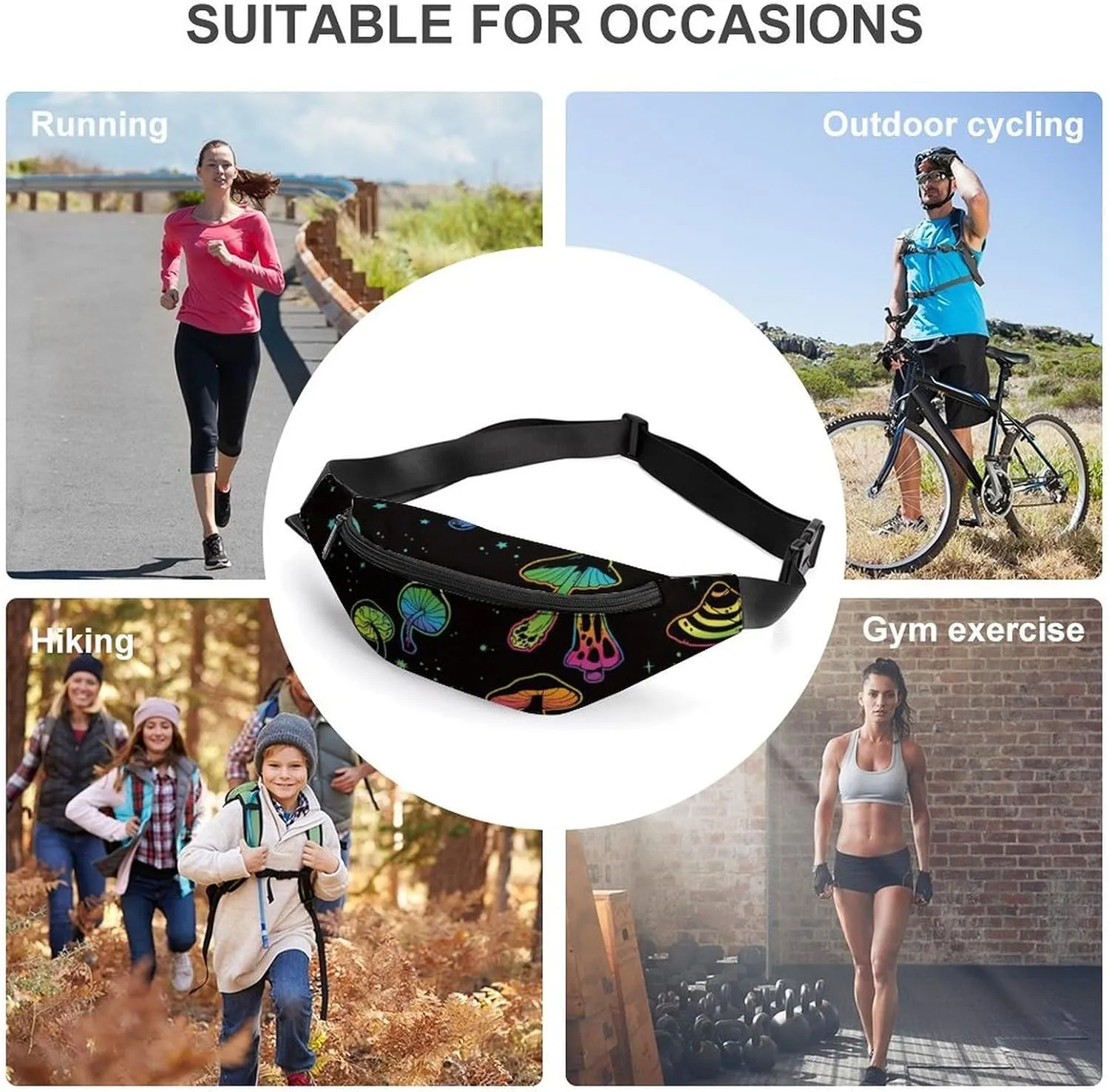 Psychedelic Mushrooms And Moons Large Crossbody Fanny Packfor Women Men Waist Pack for Running with Adjustable Strap for Sports Casual Bag 36 * 15cm