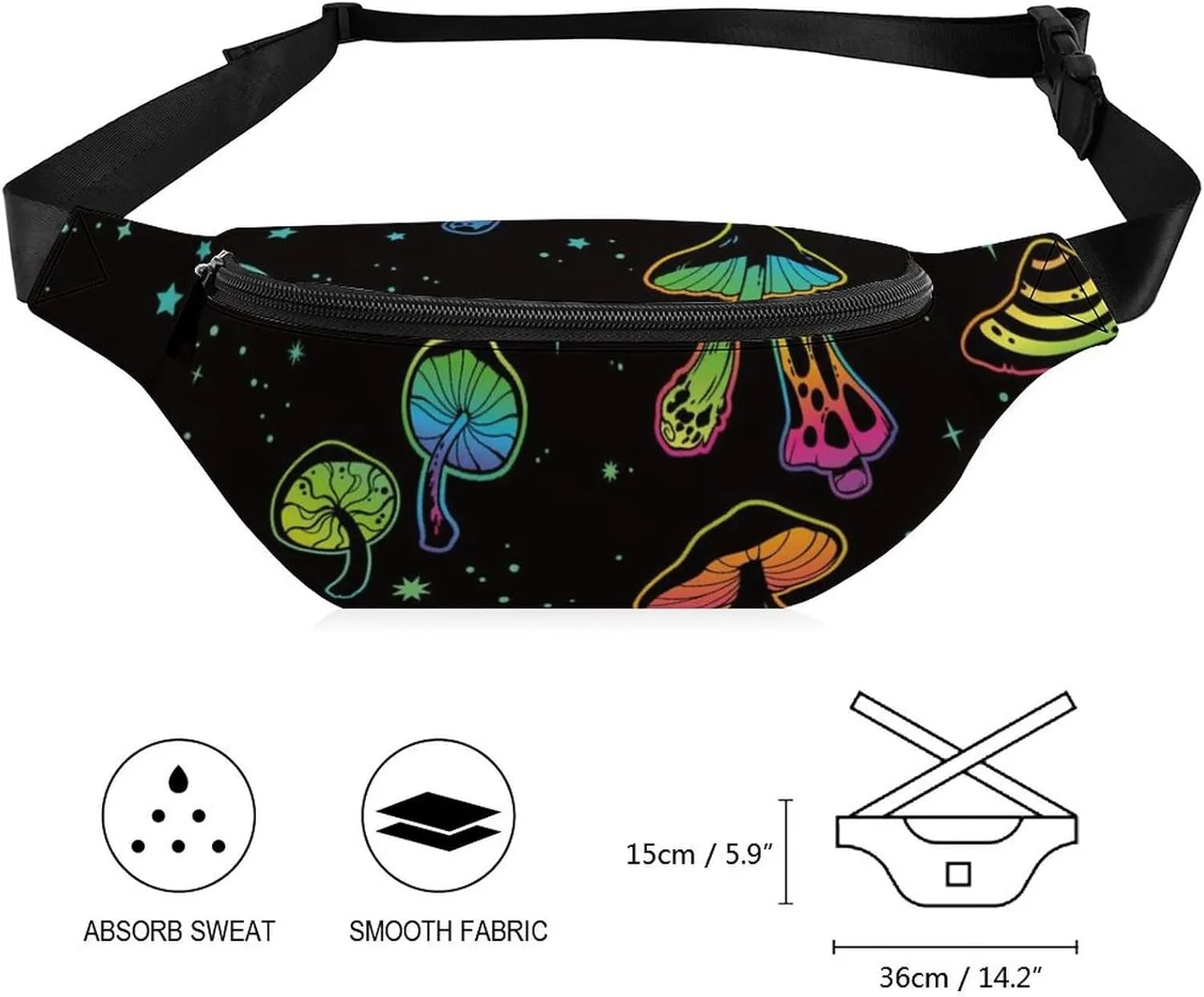 Psychedelic Mushrooms And Moons Large Crossbody Fanny Packfor Women Men Waist Pack for Running with Adjustable Strap for Sports Casual Bag 36 * 15cm