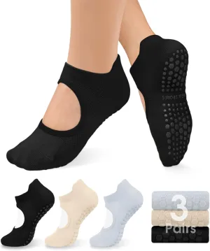 Purplepig 3 Pairs Grip Pilates Socks Non-Slip Yoga Socks for Women Pilates, Pure Barre, Barefoot Workout, Pregnancy, Hospital