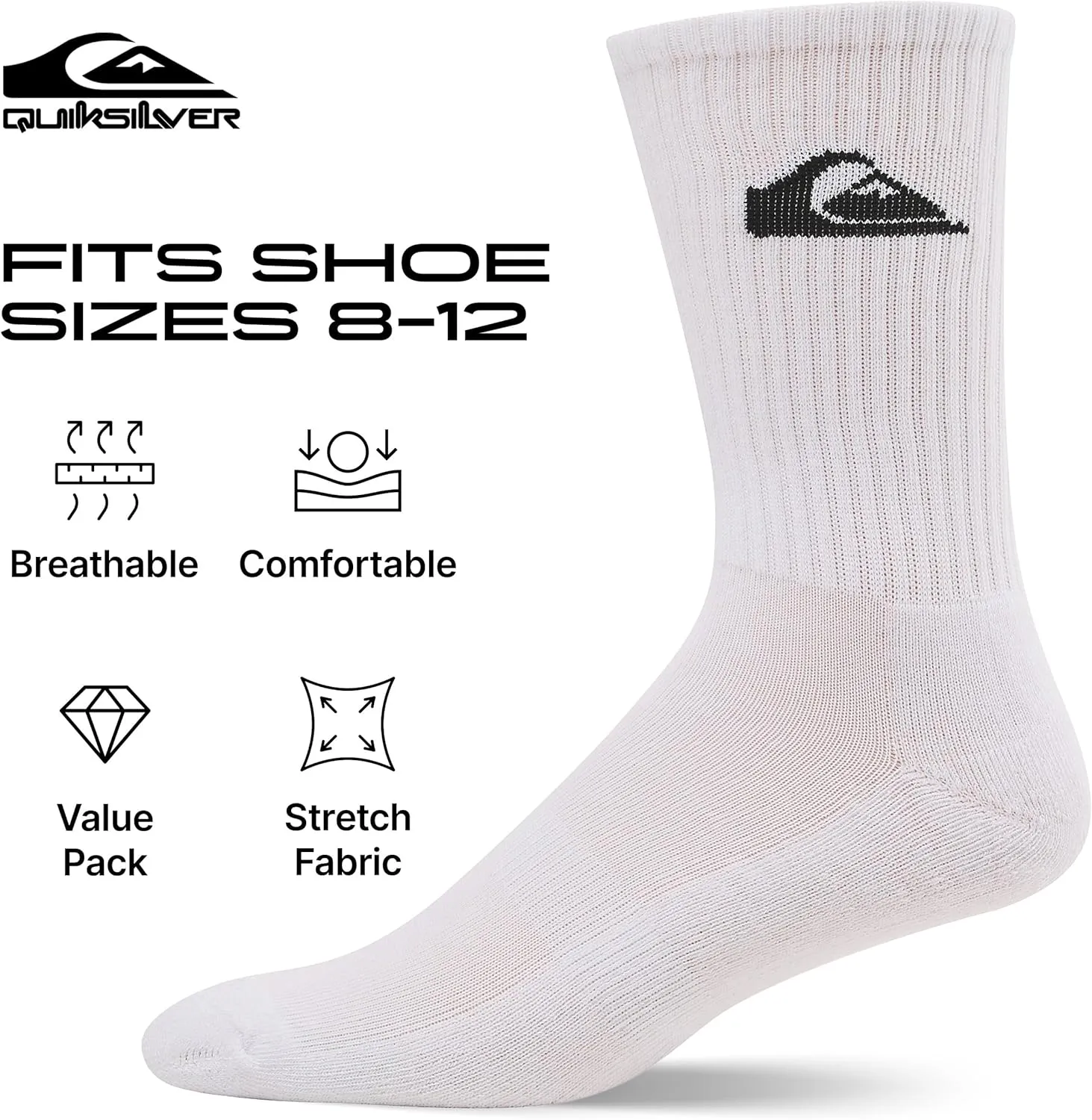 Quiksilver Mens Socks 8 Pairs Crew Socks for Men Premium Athletic Shoe Size 8-12