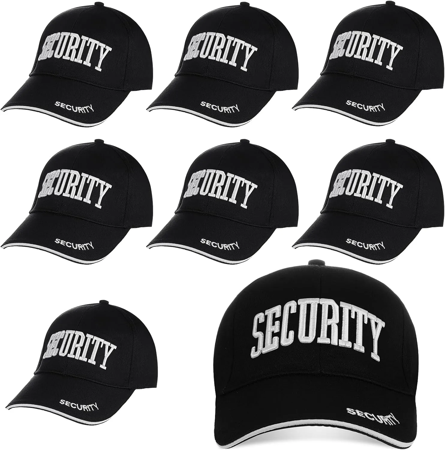 Ramede 8 Pcs Security Hat Baseball Ball Cap Embroidered Cotton Adjustable Security Cap for Men Women Accessories (Black White)