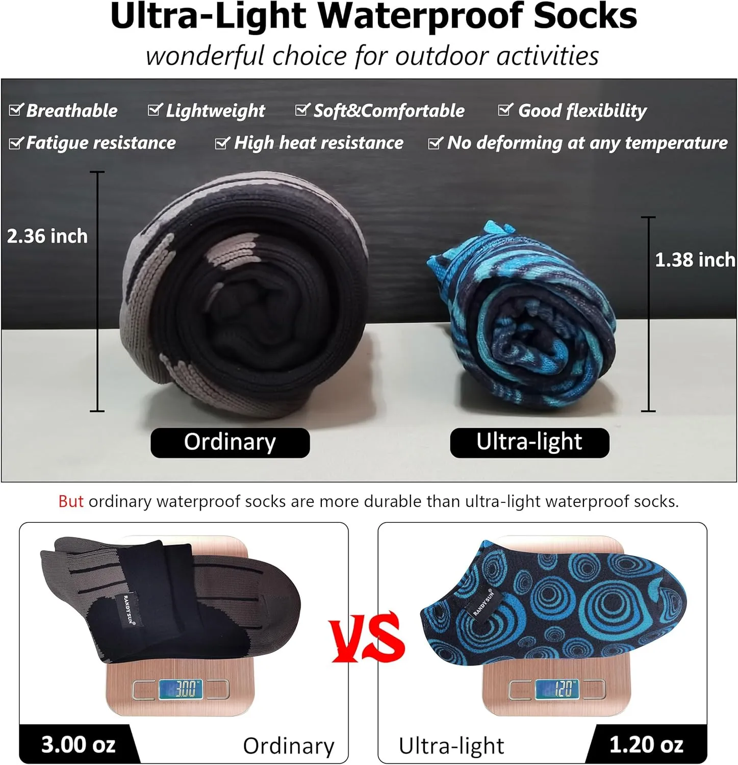 RANDY SUN Waterproof Socks, Unisex Cycling/Hunting/Fishing/Running Ankle Socks 1&2 Pair
