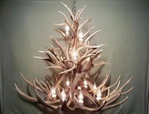 REAL ANTLER CHANDELIER, 13 LIGHTS, SHED ANTLER ART, ELK COVERED SOCKETS HANDMADE EXTRA LARGE