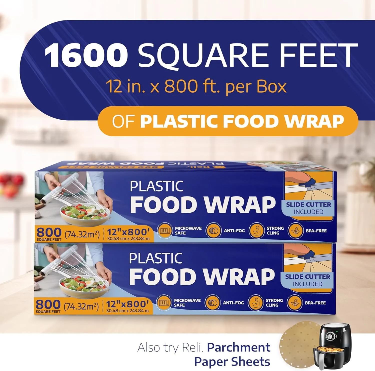 Reli. Plastic Wrap for Food (12" x 1600 SQ. FT. Total) Plastic Wrap with Slide Cutter (2 Rolls - 12" x 800') | Cling Film for Kitchen Use and Food Service | Microwave Safe