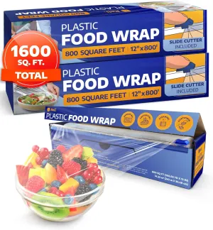 Reli. Plastic Wrap for Food (12" x 1600 SQ. FT. Total) Plastic Wrap with Slide Cutter (2 Rolls - 12" x 800') | Cling Film for Kitchen Use and Food Service | Microwave Safe