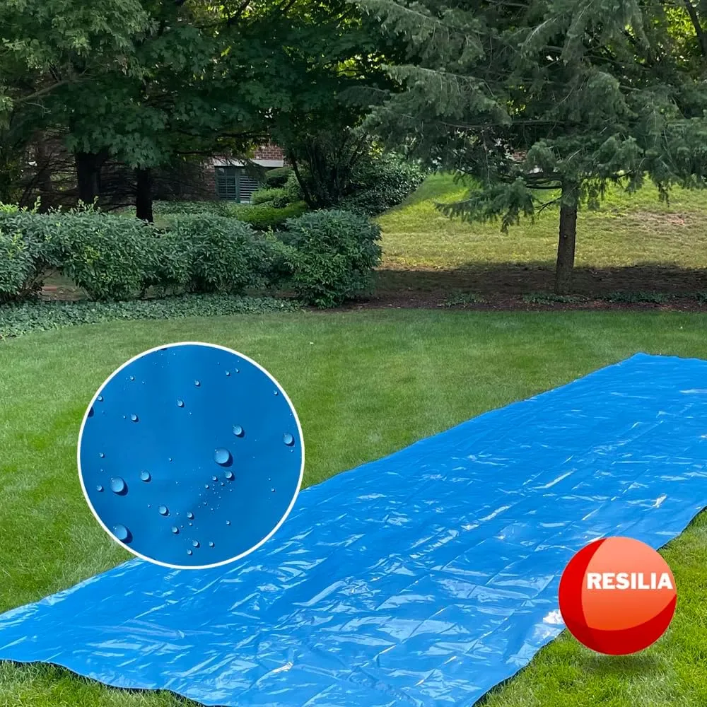 RESILIA - Super Slip Lawn Water Slide XXL, 30 Feet Long x 8 Feet Wide, for Adults and Teens, Powder Blue with Hold Steady Stakes, Made in The USA