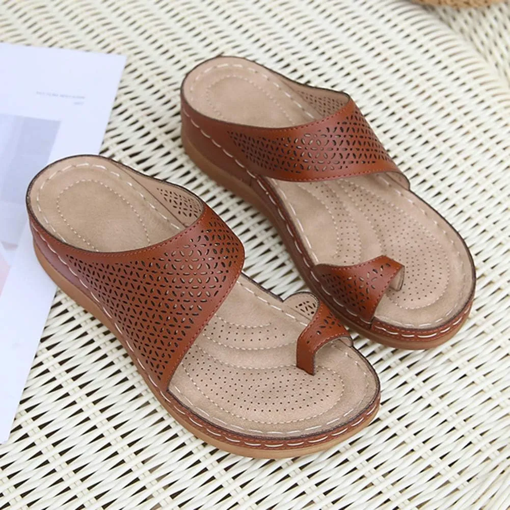 rismart Women's Slide Wedge Sandal Ring Toe Summer Hollow Flip Flops Bunion Corrector Slippers