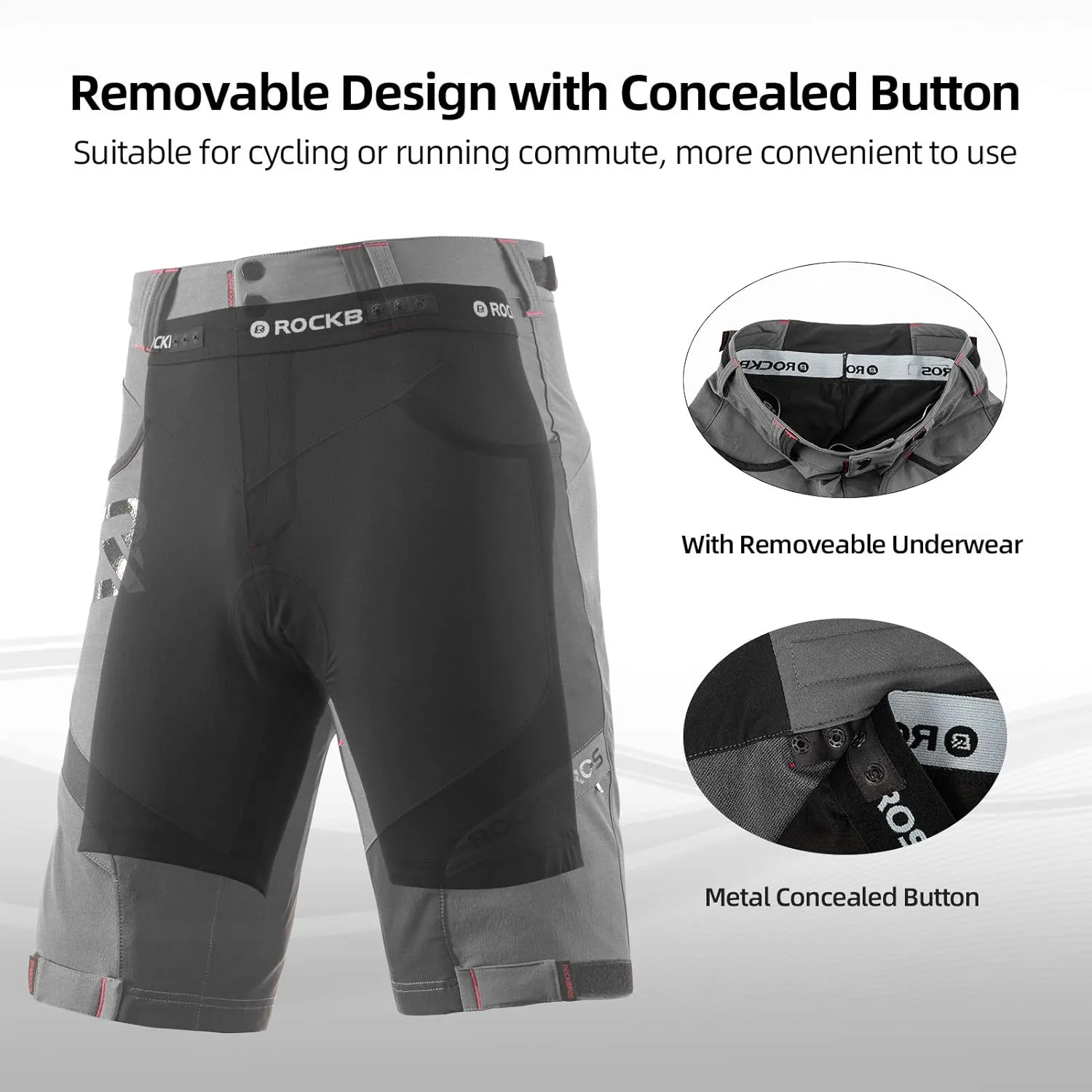 ROCK BROS Men’s Mountain Bike Shorts with Detachable 4D Padded Liner, Hook-&-Loop Waist & Zipper Pocket Lightweight Baggy