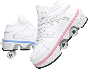 Roller Skate Shoes for Women, Double-Row Deform Quad Roller Skates, Automatic Walking Shoes Detachable Roller Skate, Shoes with Wheels for Girls Boys, Skating Shoes Unisex