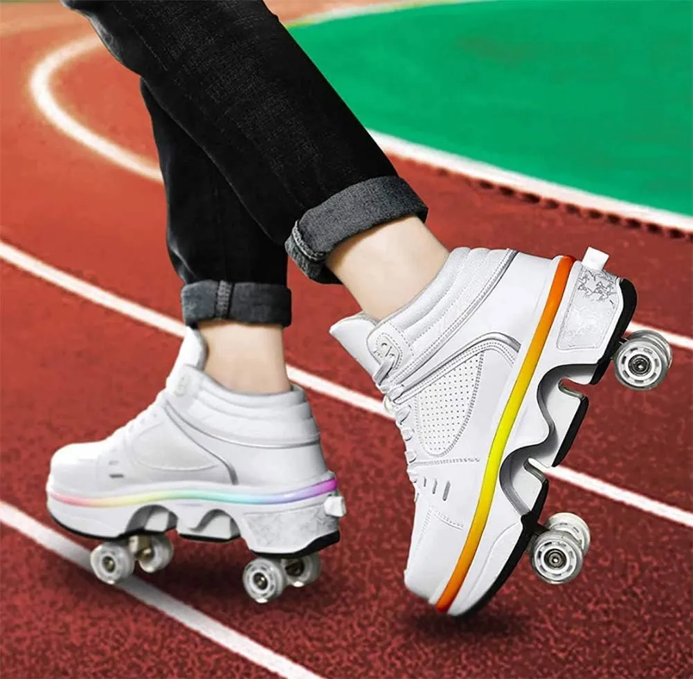 Roller Skate Shoes for Women, Double-Row Deform Quad Roller Skates, Automatic Walking Shoes Detachable Roller Skate, Shoes with Wheels for Girls Boys, Skating Shoes Unisex