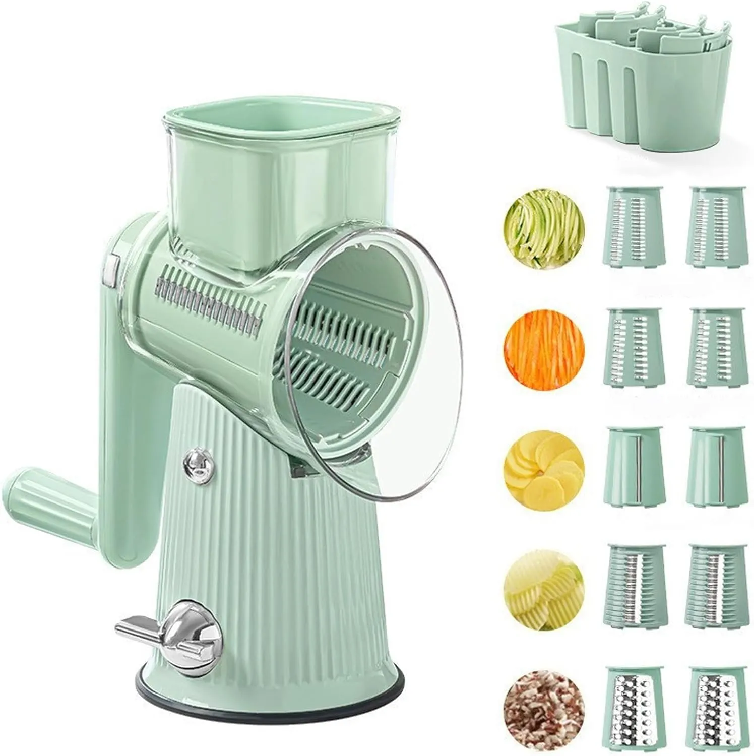 Rotary Cheese Grater, 5 in 1 Hand Crank Cheese Shredder Vegetable Slicer with 5 Group Stainless Blades & Storage Box, Strong Suction Base Manual Food Grater for Cutting Cheese Fruit Vegetable (Green)