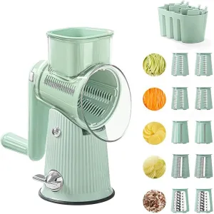 Rotary Cheese Grater, 5 in 1 Hand Crank Cheese Shredder Vegetable Slicer with 5 Group Stainless Blades & Storage Box, Strong Suction Base Manual Food Grater for Cutting Cheese Fruit Vegetable (Green)