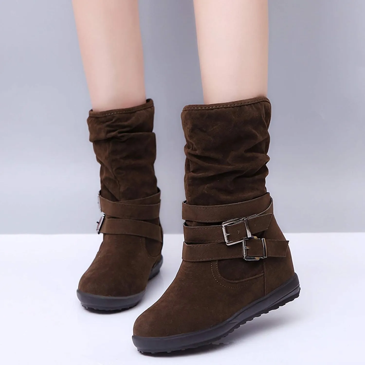 SACFOF Womens Ankle Boots Slip On Mid-Calf Slouch Booties Fashion Casual Slouch Buckle Strap Mid Calf Booties