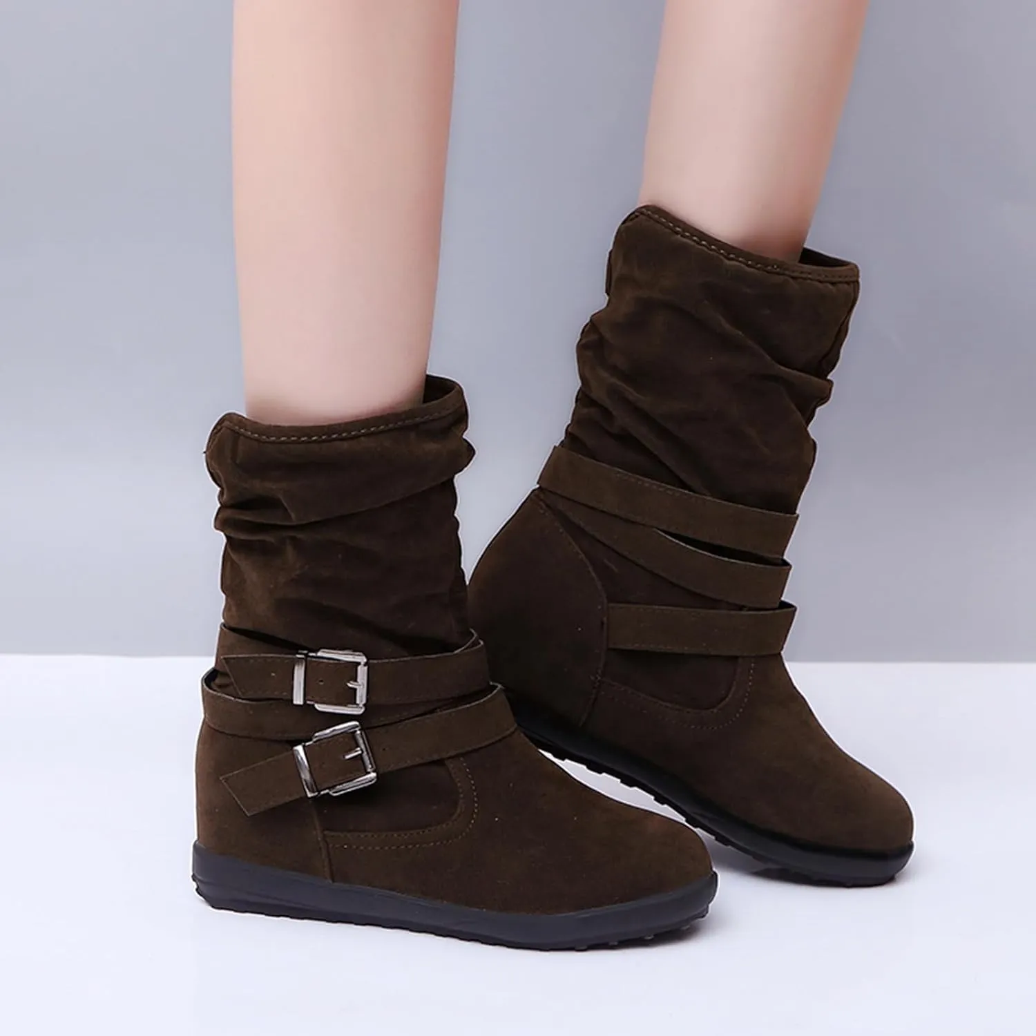 SACFOF Womens Ankle Boots Slip On Mid-Calf Slouch Booties Fashion Casual Slouch Buckle Strap Mid Calf Booties