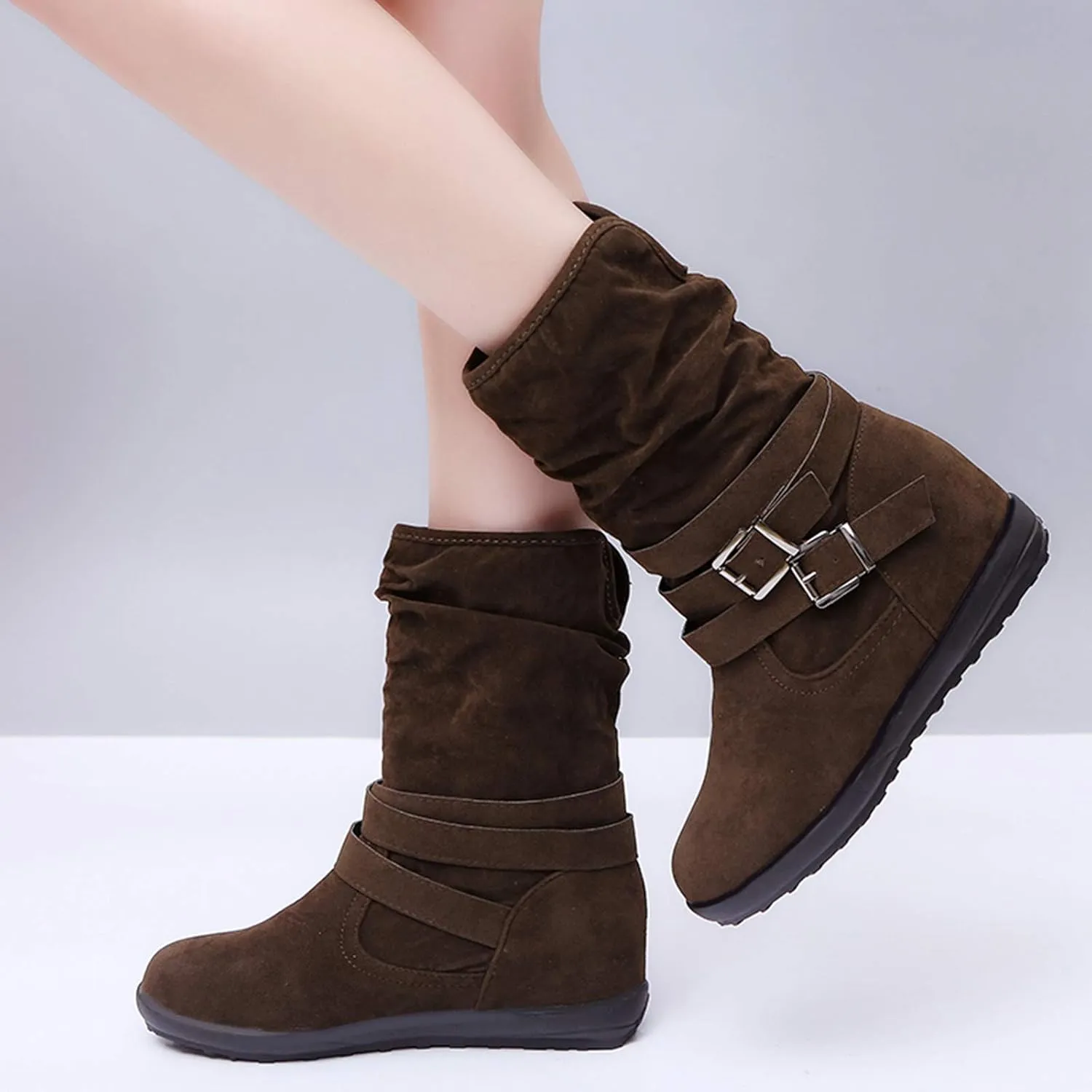 SACFOF Womens Ankle Boots Slip On Mid-Calf Slouch Booties Fashion Casual Slouch Buckle Strap Mid Calf Booties
