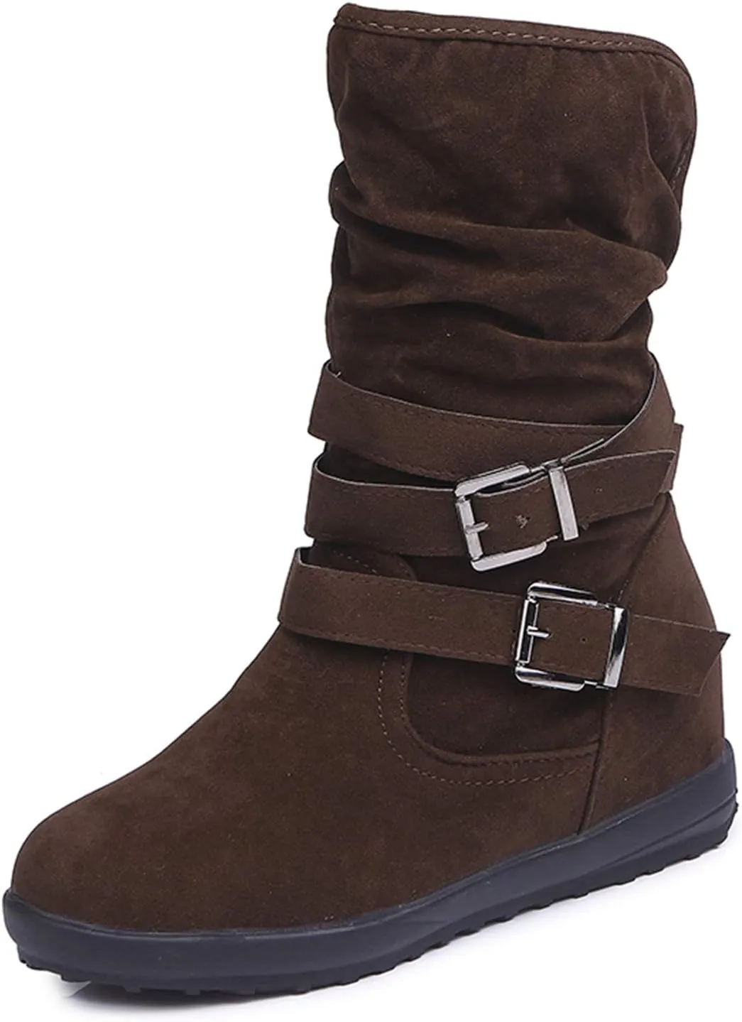 SACFOF Womens Ankle Boots Slip On Mid-Calf Slouch Booties Fashion Casual Slouch Buckle Strap Mid Calf Booties