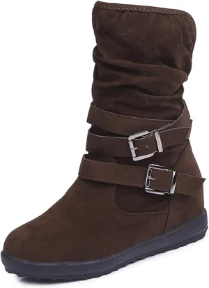 SACFOF Womens Ankle Boots Slip On Mid-Calf Slouch Booties Fashion Casual Slouch Buckle Strap Mid Calf Booties