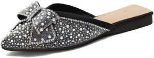SAFECAMS Rhinestone Bow for Women Flat Mules Pointed Toe Backless Slip On Mules Ladies Comfort Soft Sole Flat Loafer
