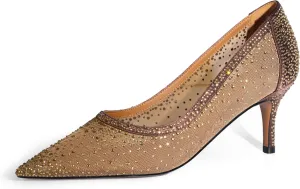 sarawill Women's Pointed Toe Mesh Kitten Heel Pumps Rhinestones Slip On Low Heel Party Office Dress Shoes for Women