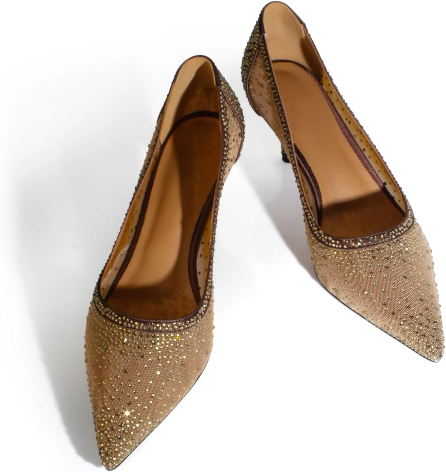 sarawill Women's Pointed Toe Mesh Kitten Heel Pumps Rhinestones Slip On Low Heel Party Office Dress Shoes for Women