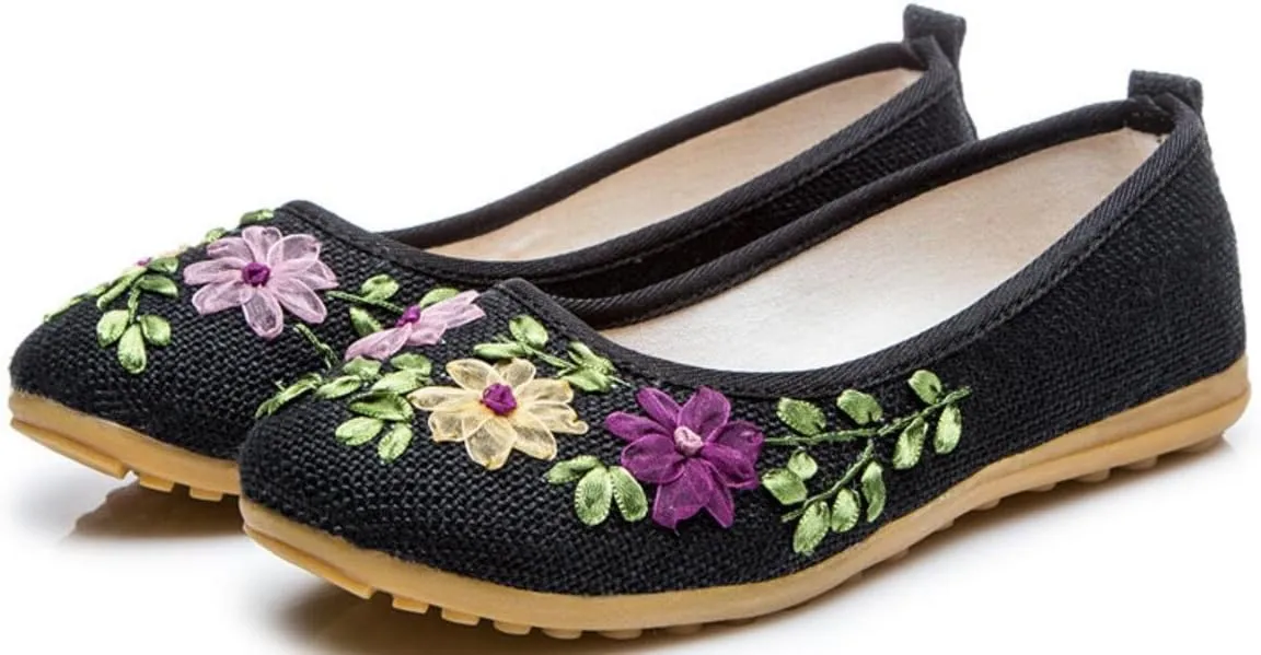 SATUKI Handmade Embroidered Shoes for Women, Slip-On Casual Loafer Flat Floral Slippers