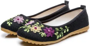 SATUKI Handmade Embroidered Shoes for Women, Slip-On Casual Loafer Flat Floral Slippers