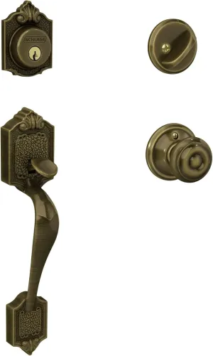 Schlage F60 V PAR 609 GEO Parthenon Front Entry Handleset with Georgian Knob, Deadbolt Keyed 1 Side, Antique Brass