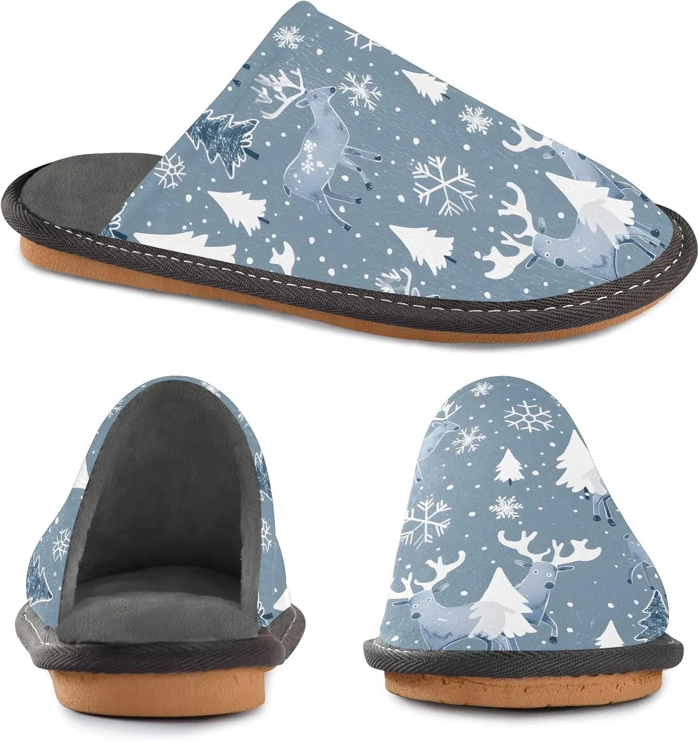 senya Grey Snowflakes Spruce Tree Fuzzy Slippers Soft Home Bedroom Slippers for Women Men House Shoes