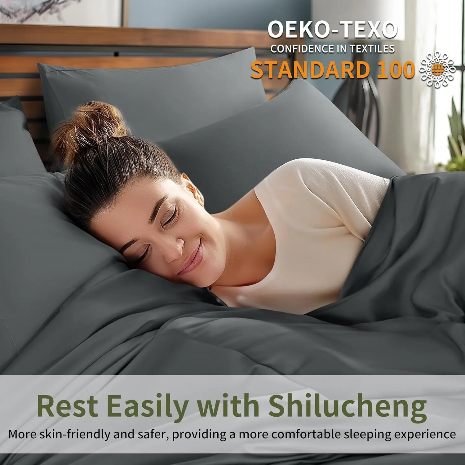Shilucheng 6 Piece Queen Sheet Sets, Cooling Sheets, Blend Rayon Derived from Bamboo, Deep Pocket Up to 16", Breathable & Soft Bed Sheets, Hotel Silky Bedding Set, Dark Grey