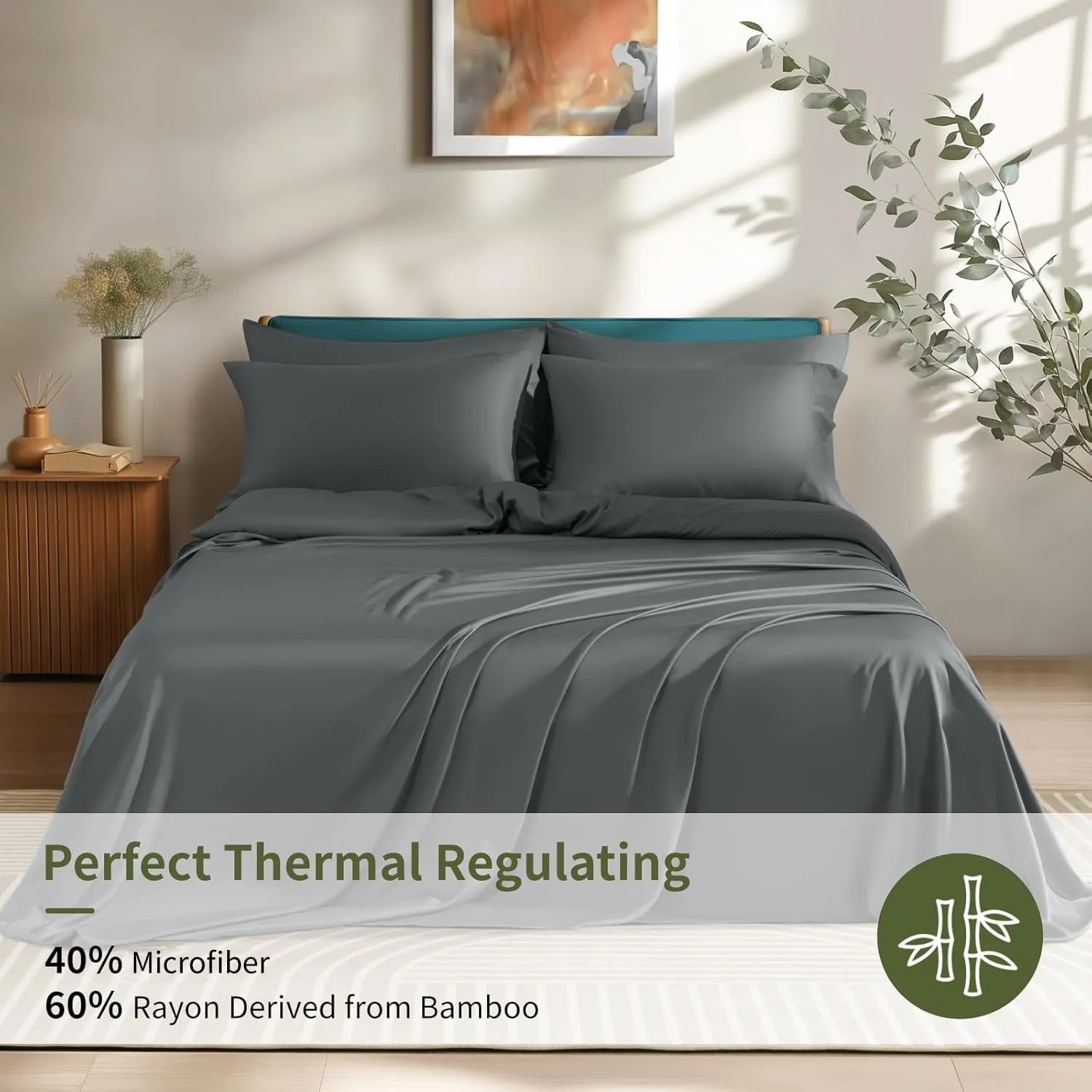 Shilucheng 6 Piece Queen Sheet Sets, Cooling Sheets, Blend Rayon Derived from Bamboo, Deep Pocket Up to 16", Breathable & Soft Bed Sheets, Hotel Silky Bedding Set, Dark Grey