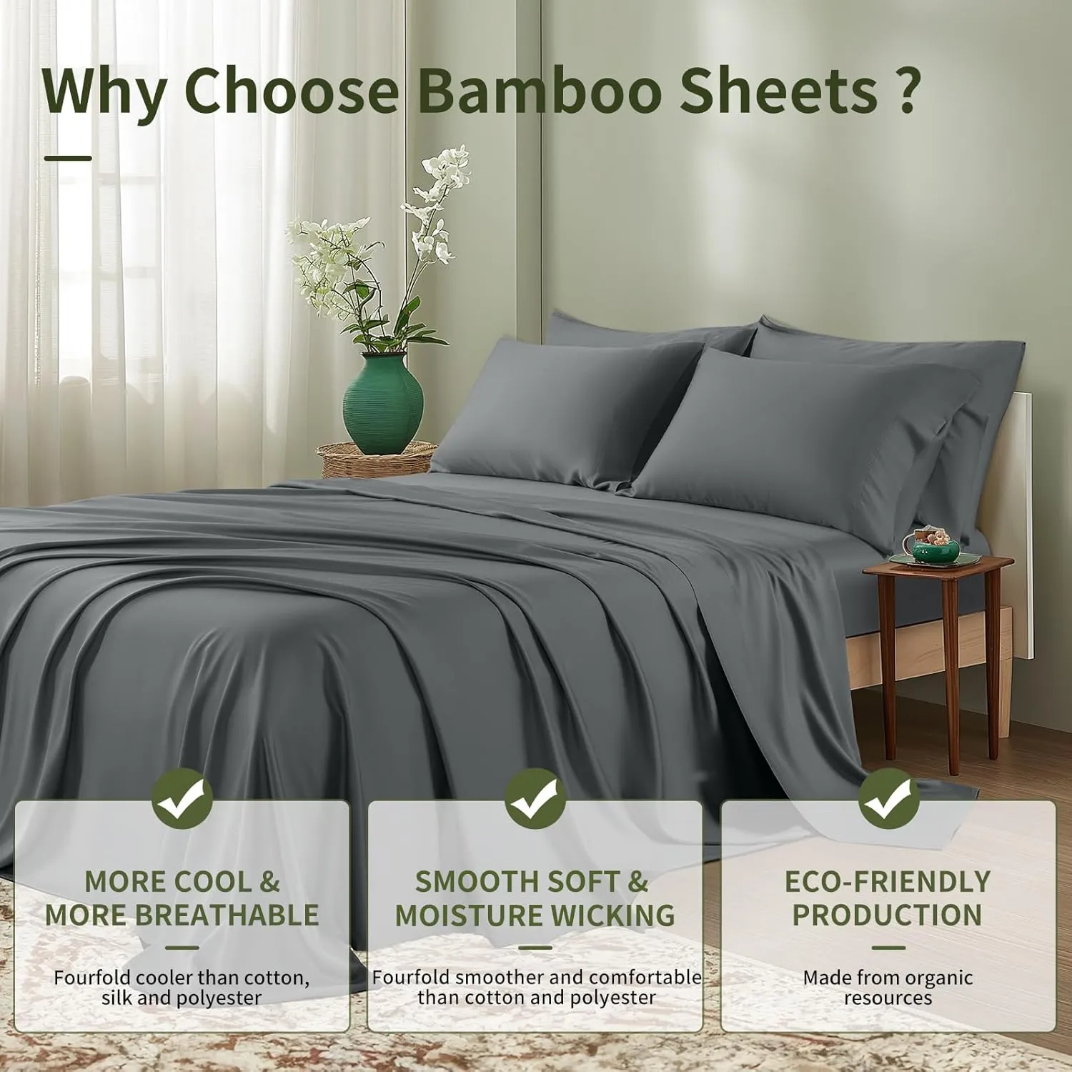 Shilucheng 6 Piece Queen Sheet Sets, Cooling Sheets, Blend Rayon Derived from Bamboo, Deep Pocket Up to 16", Breathable & Soft Bed Sheets, Hotel Silky Bedding Set, Dark Grey