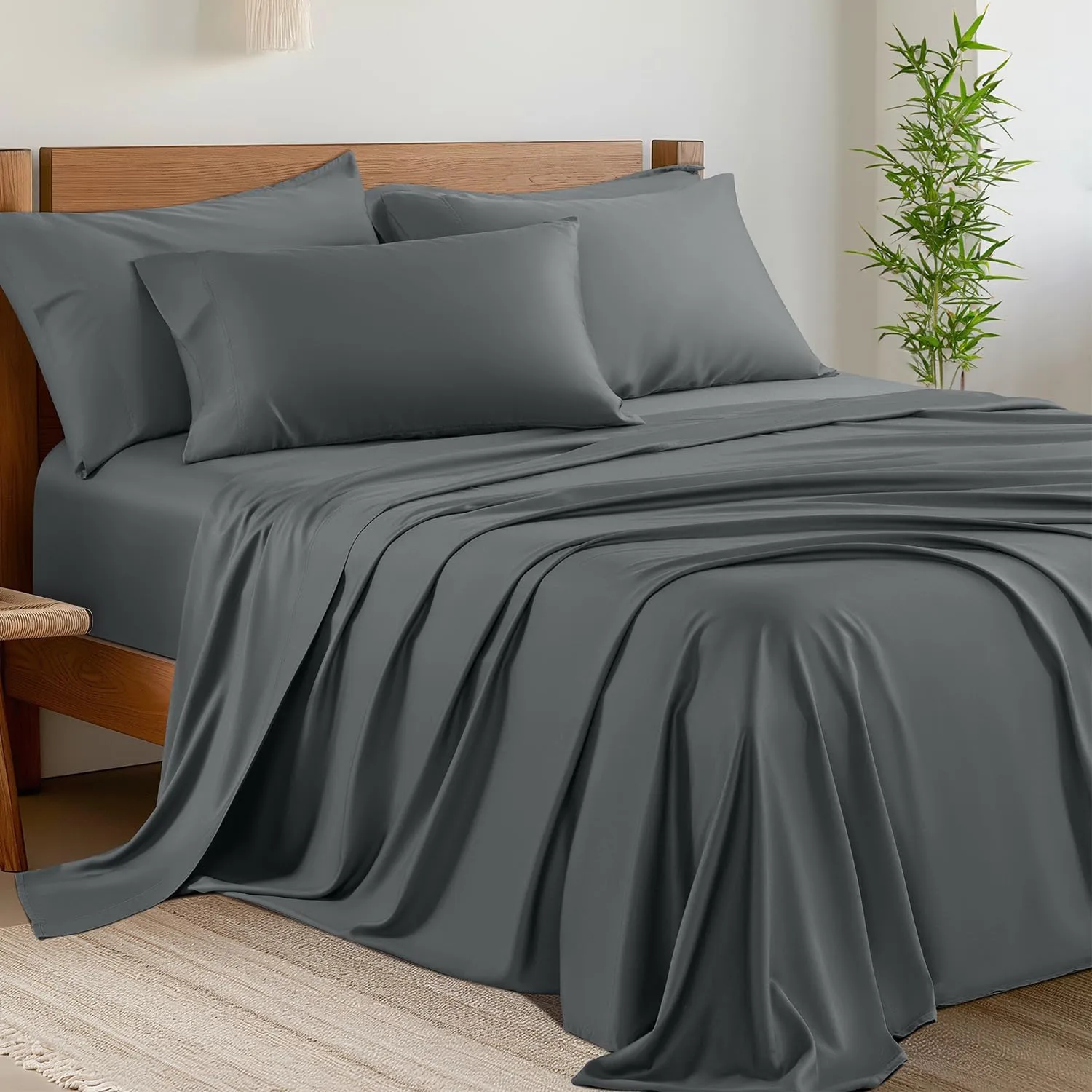 Shilucheng 6 Piece Queen Sheet Sets, Cooling Sheets, Blend Rayon Derived from Bamboo, Deep Pocket Up to 16", Breathable & Soft Bed Sheets, Hotel Silky Bedding Set, Dark Grey
