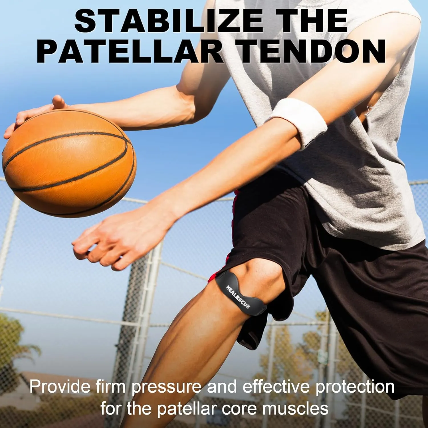 Silicone Patellar Tendon Support Strap, Adjustable Non-Slip Patella Band Stabilizer Knee Brace for Jumpers Knee, Tendonitis, Basketball, Volleyball, Squats, Black