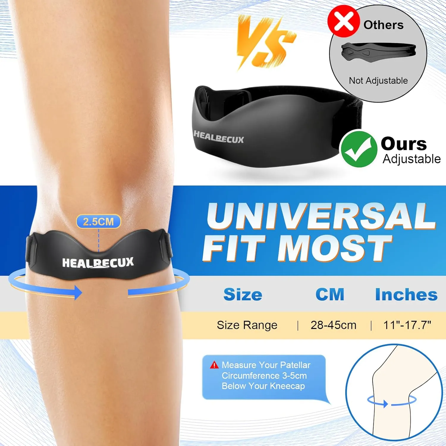 Silicone Patellar Tendon Support Strap, Adjustable Non-Slip Patella Band Stabilizer Knee Brace for Jumpers Knee, Tendonitis, Basketball, Volleyball, Squats, Black