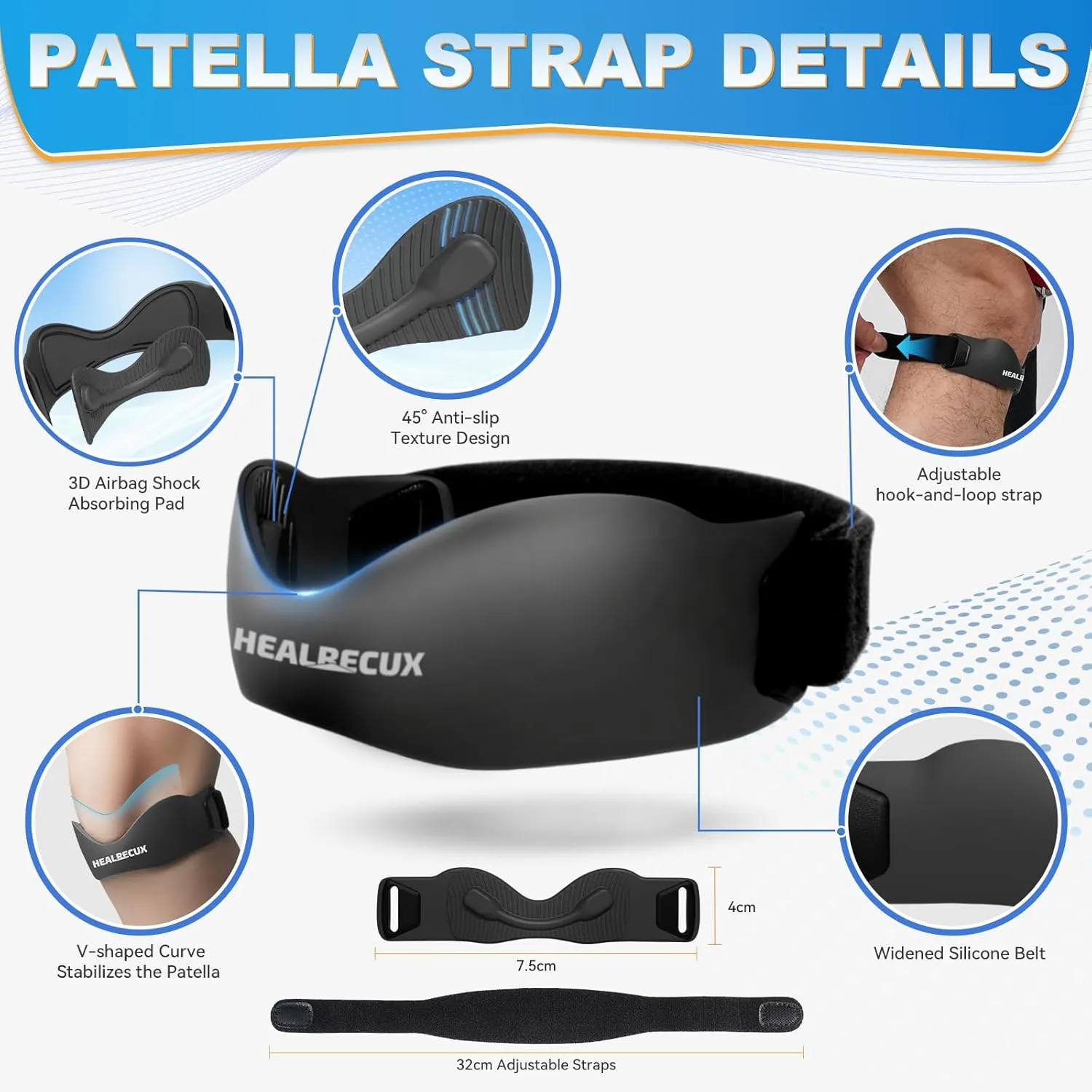 Silicone Patellar Tendon Support Strap, Adjustable Non-Slip Patella Band Stabilizer Knee Brace for Jumpers Knee, Tendonitis, Basketball, Volleyball, Squats, Black
