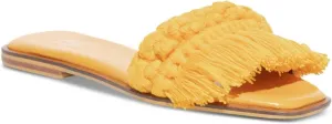 SILVIA COBOS Womens Yellow Woven Fringed Candy Square Toe Slip On Leather Slide Sandals Shoes 7.5