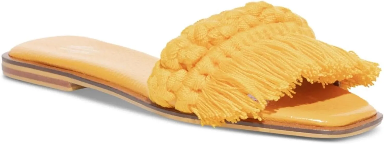 SILVIA COBOS Womens Yellow Woven Fringed Candy Square Toe Slip On Leather Slide Sandals Shoes 7.5